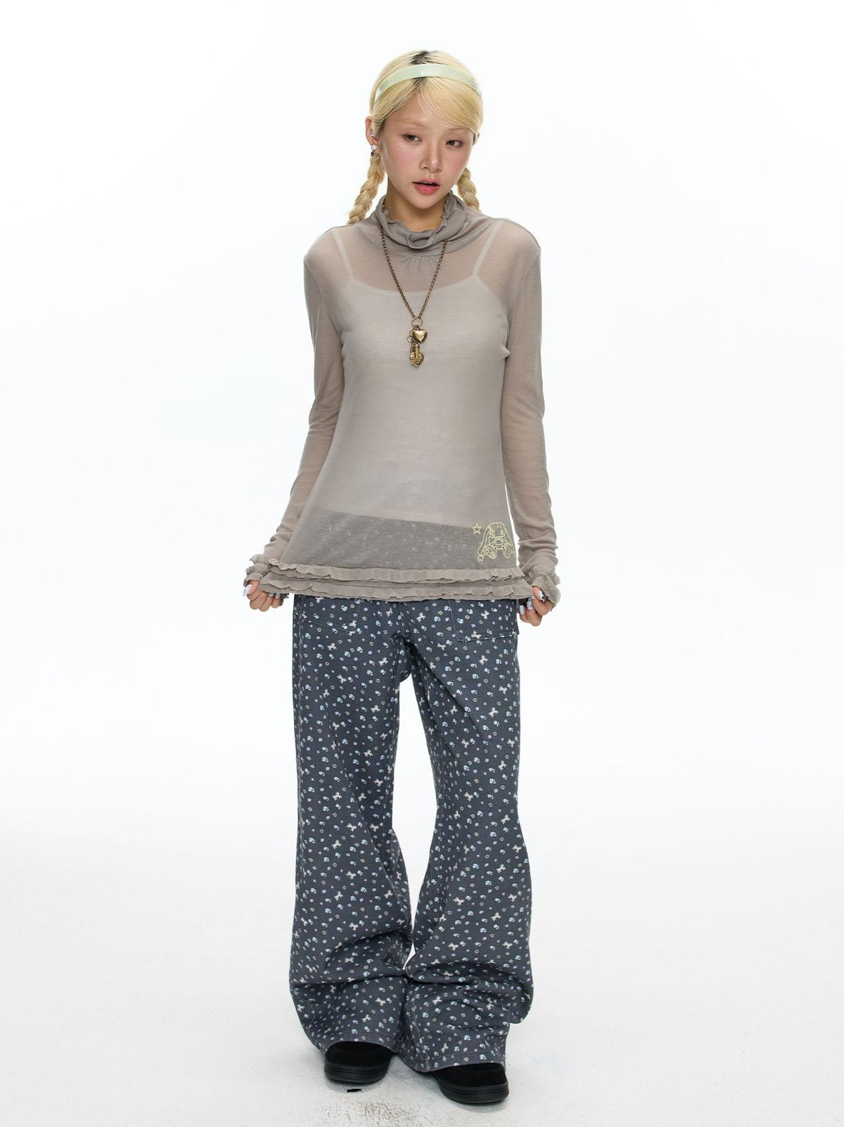 BETWEENAND Mock Neck Rolled Hem Semi Sheer Layered Women&