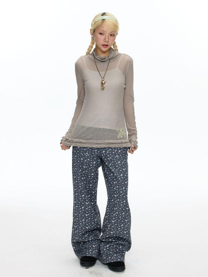 BETWEENAND Mock Neck Rolled Hem Semi Sheer Layered Women&