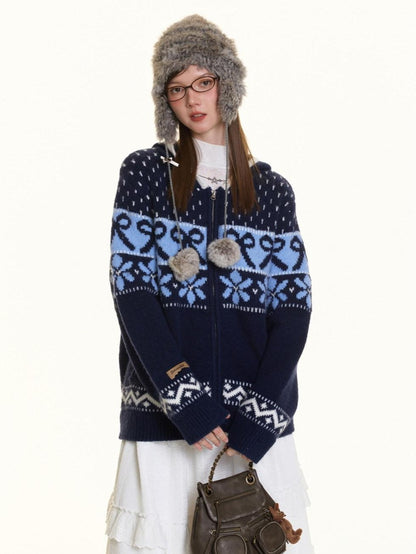BETWEENAND Navy Fair Isle Jacquard Bow Embroidery Women&