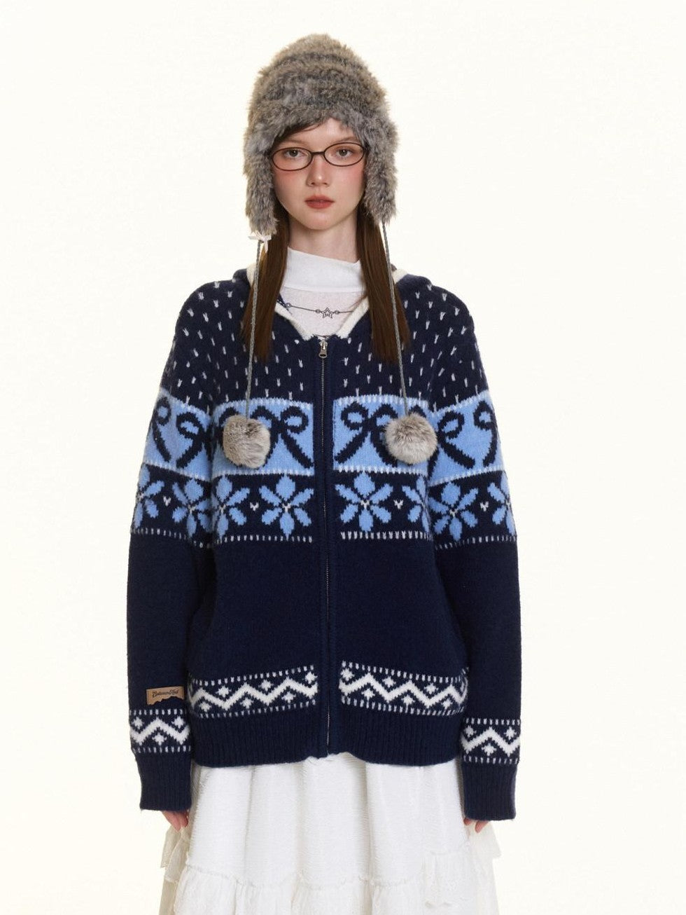 BETWEENAND Navy Fair Isle Jacquard Bow Embroidery Women&