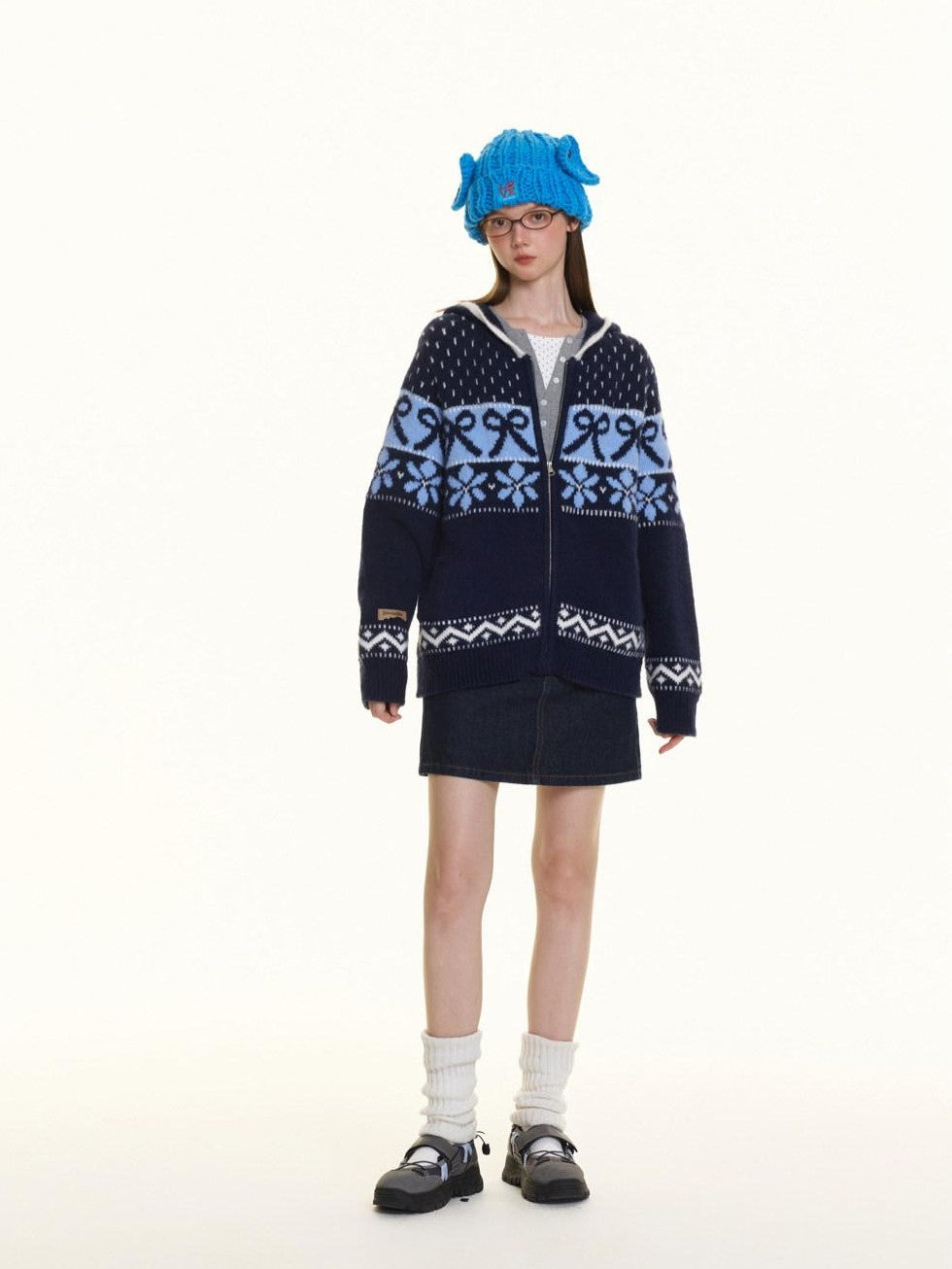 BETWEENAND Navy Fair Isle Jacquard Bow Embroidery Women&