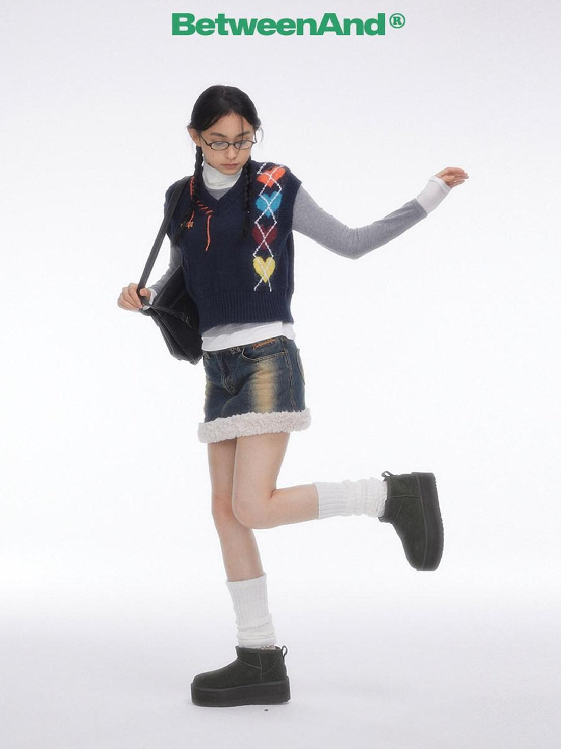 BETWEENAND Navy Heart Argyle Colorblock Handstitched Women&