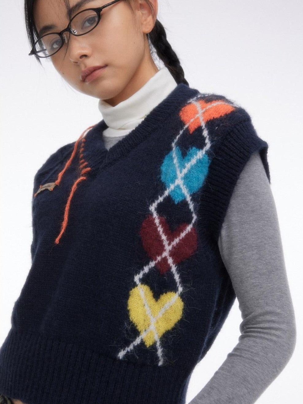 BETWEENAND Navy Heart Argyle Colorblock Handstitched Women&