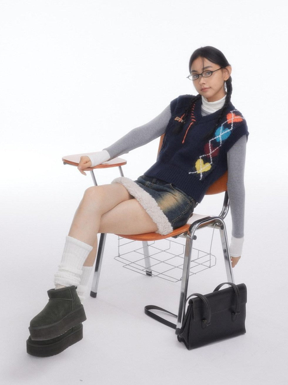 BETWEENAND Navy Heart Argyle Colorblock Handstitched Women&