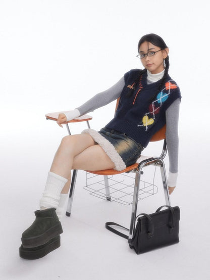 BETWEENAND Navy Heart Argyle Colorblock Handstitched Women&