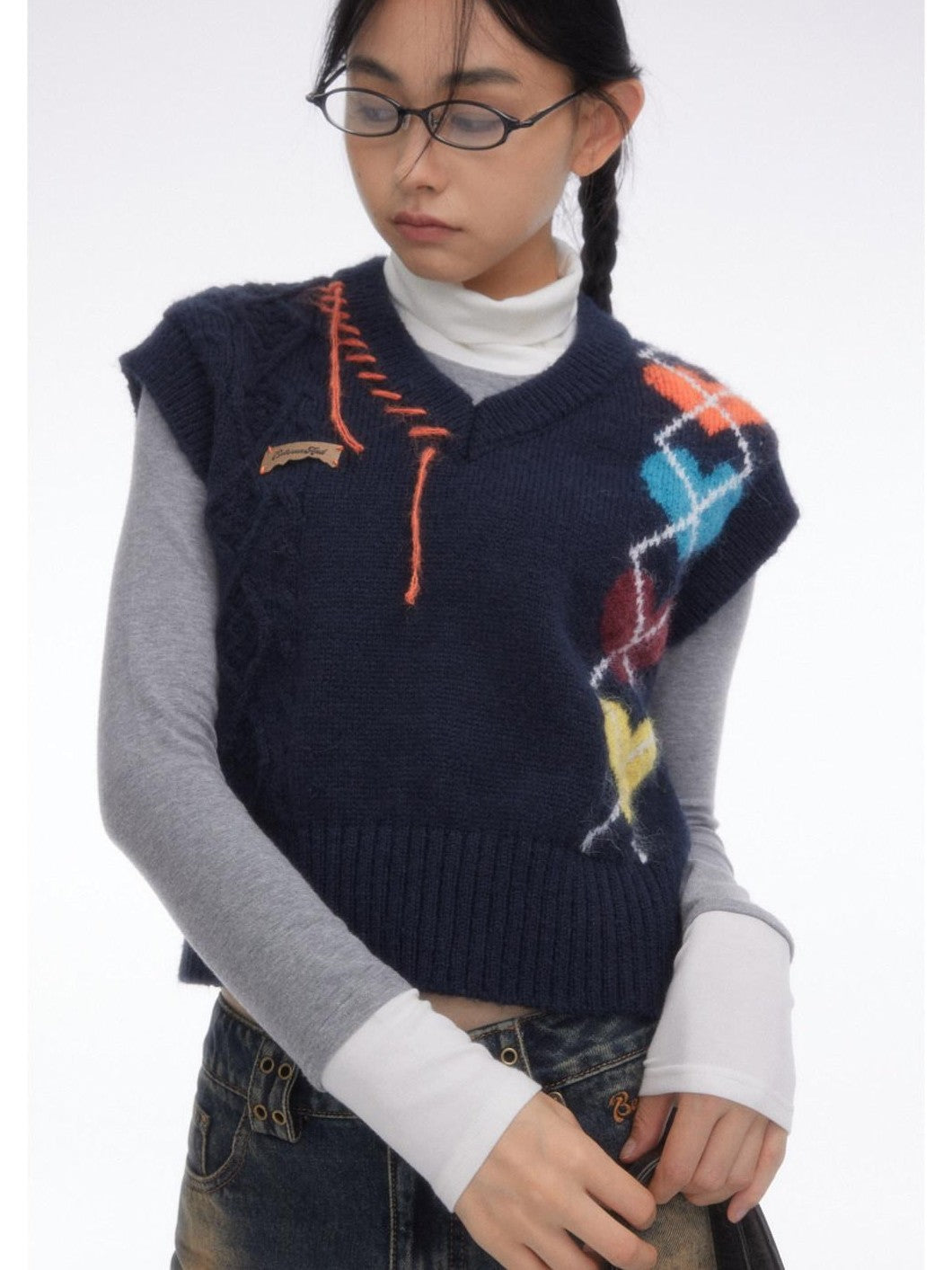 BETWEENAND Navy Heart Argyle Colorblock Handstitched Women&