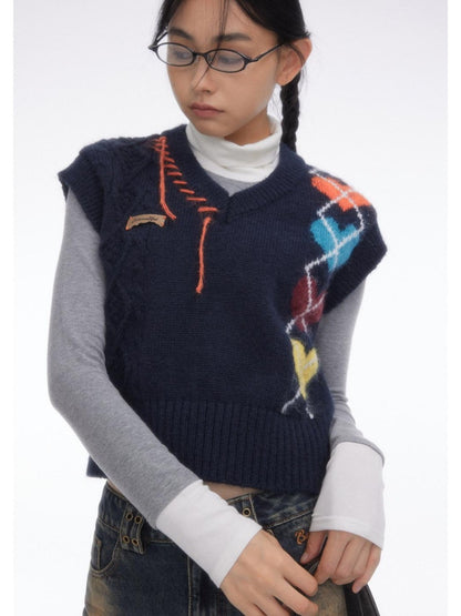 BETWEENAND Navy Heart Argyle Colorblock Handstitched Women&