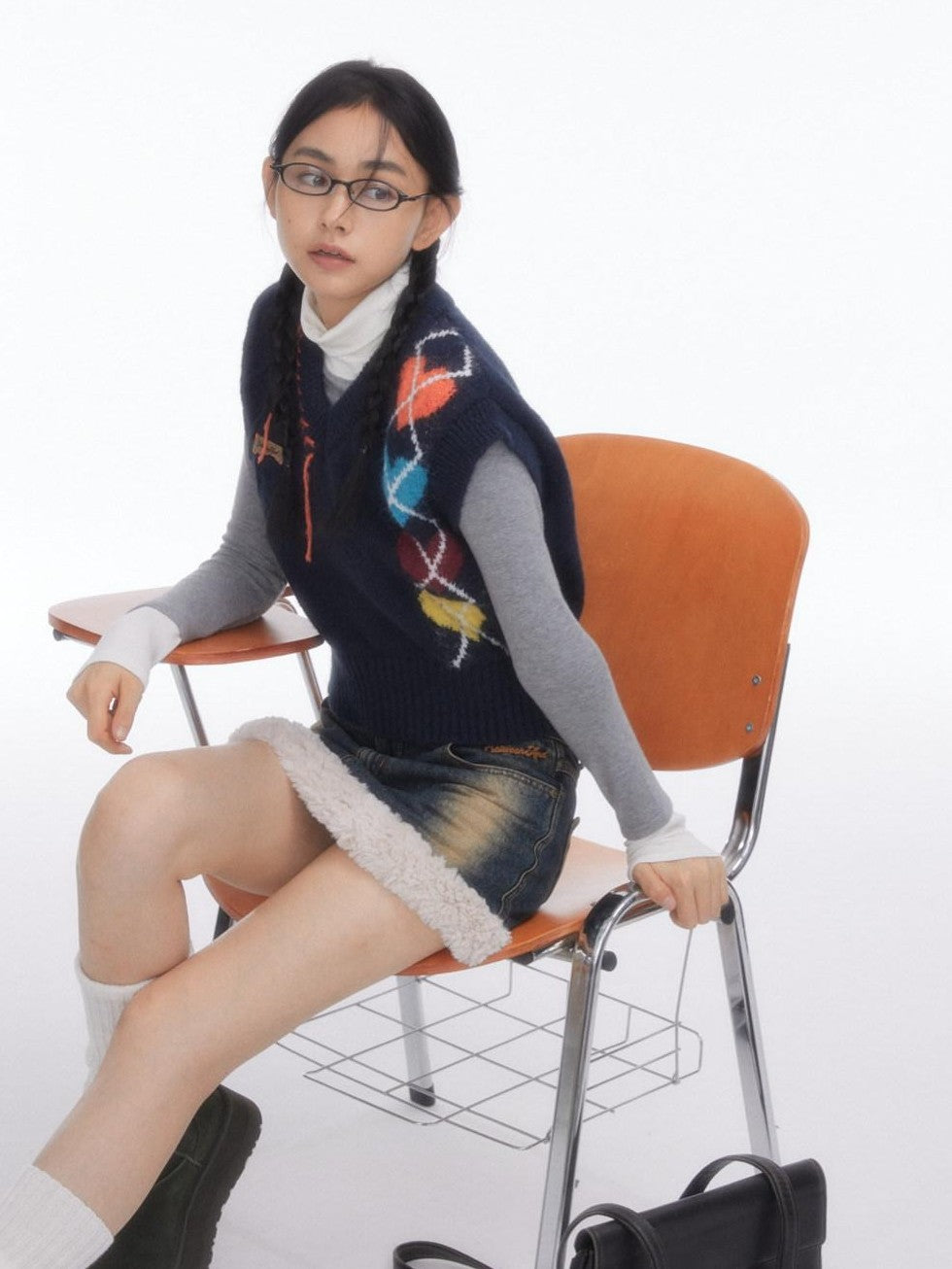 BETWEENAND Navy Heart Argyle Colorblock Handstitched Women&