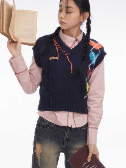BETWEENAND Navy Heart Argyle Colorblock Handstitched Women&