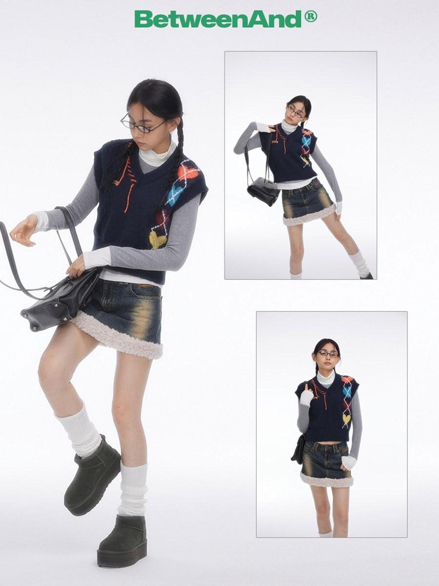 BETWEENAND Navy Heart Argyle Colorblock Handstitched Women&