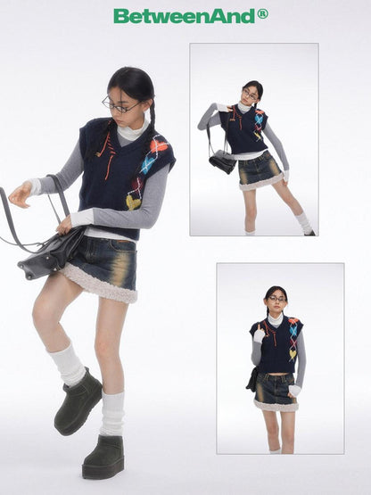 BETWEENAND Navy Heart Argyle Colorblock Handstitched Women&