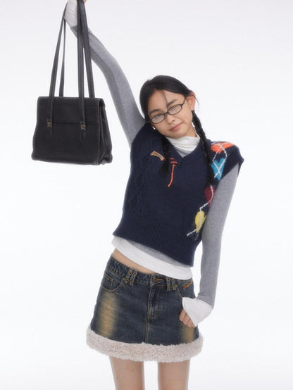 BETWEENAND Navy Heart Argyle Colorblock Handstitched Women&