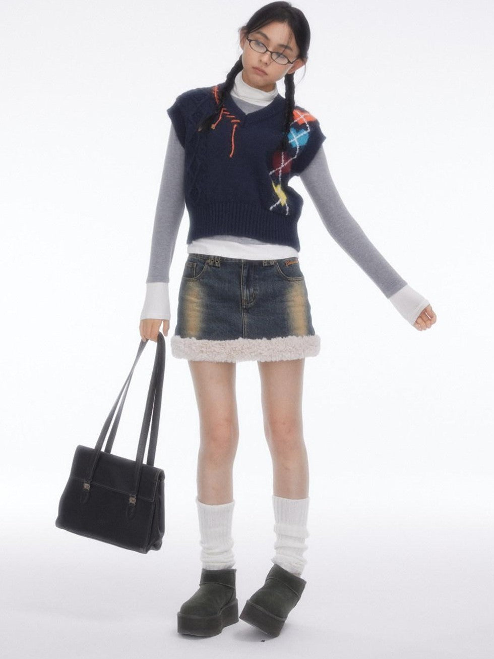 BETWEENAND Navy Heart Argyle Colorblock Handstitched Women&