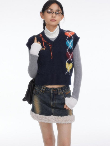 BETWEENAND Navy Heart Argyle Colorblock Handstitched Women&