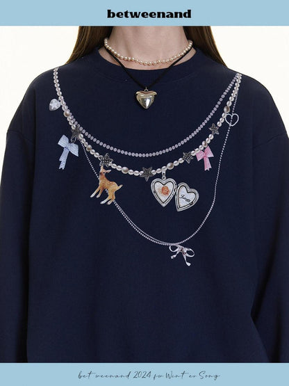 BETWEENAND Navy Pearl Necklace Print Women&