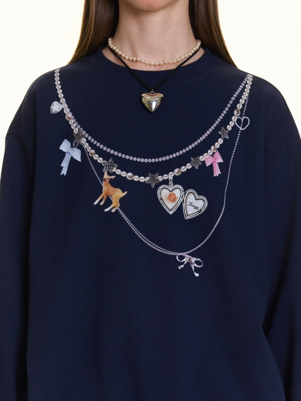 BETWEENAND Navy Pearl Necklace Print Women&