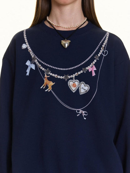 BETWEENAND Navy Pearl Necklace Print Women&