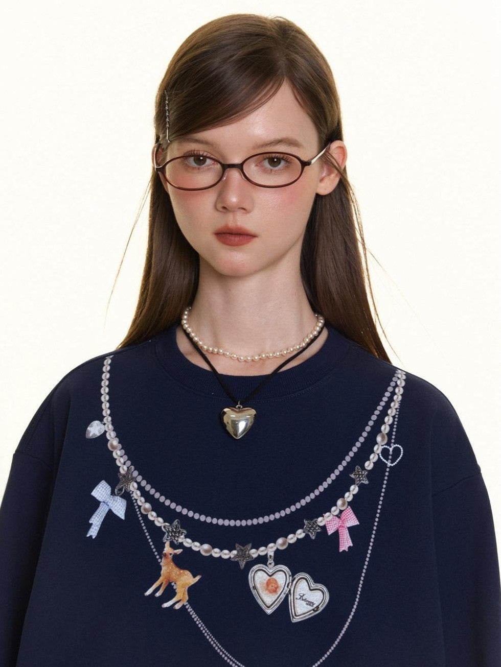 BETWEENAND Navy Pearl Necklace Print Women&