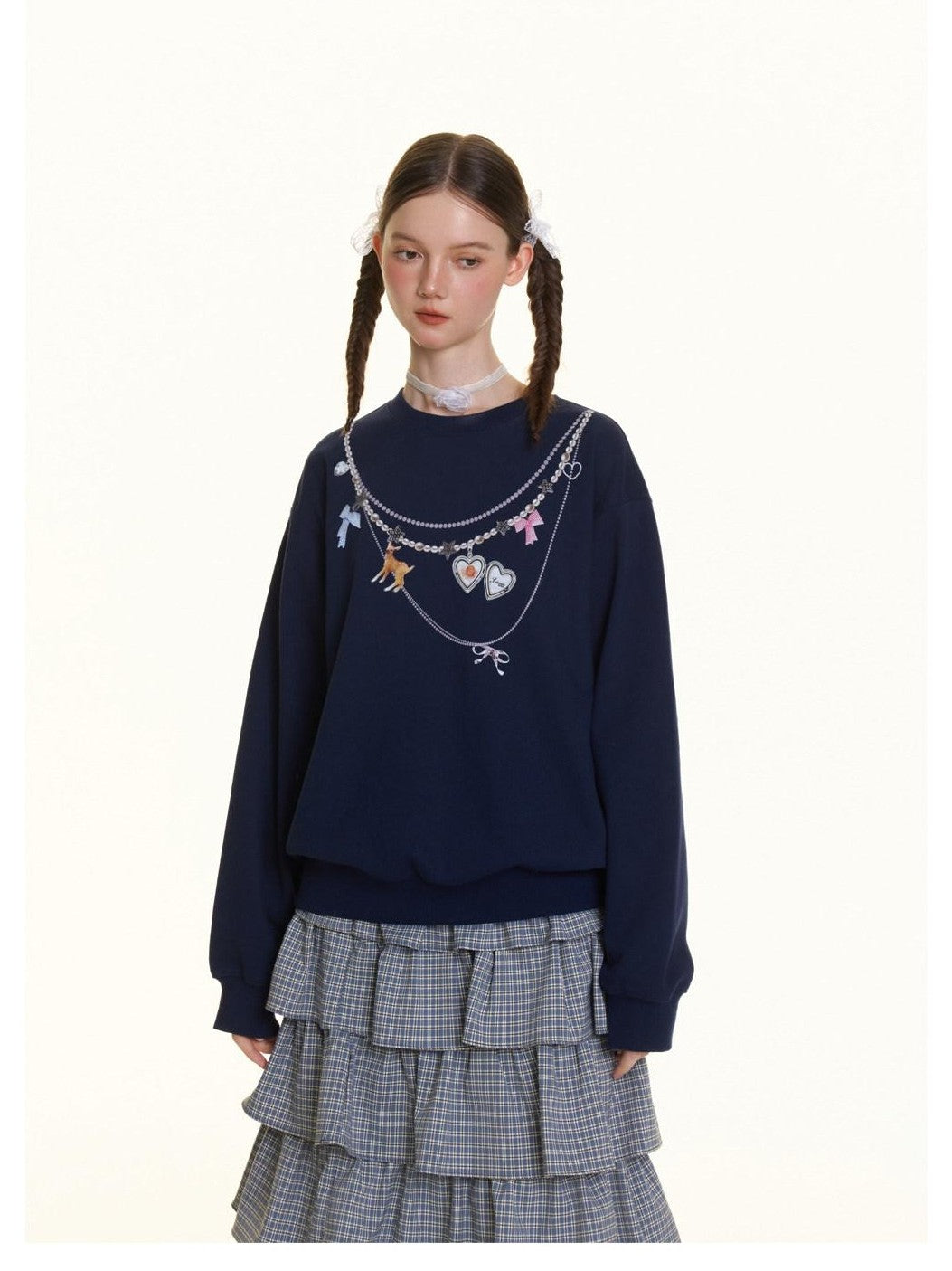 BETWEENAND Navy Pearl Necklace Print Women&