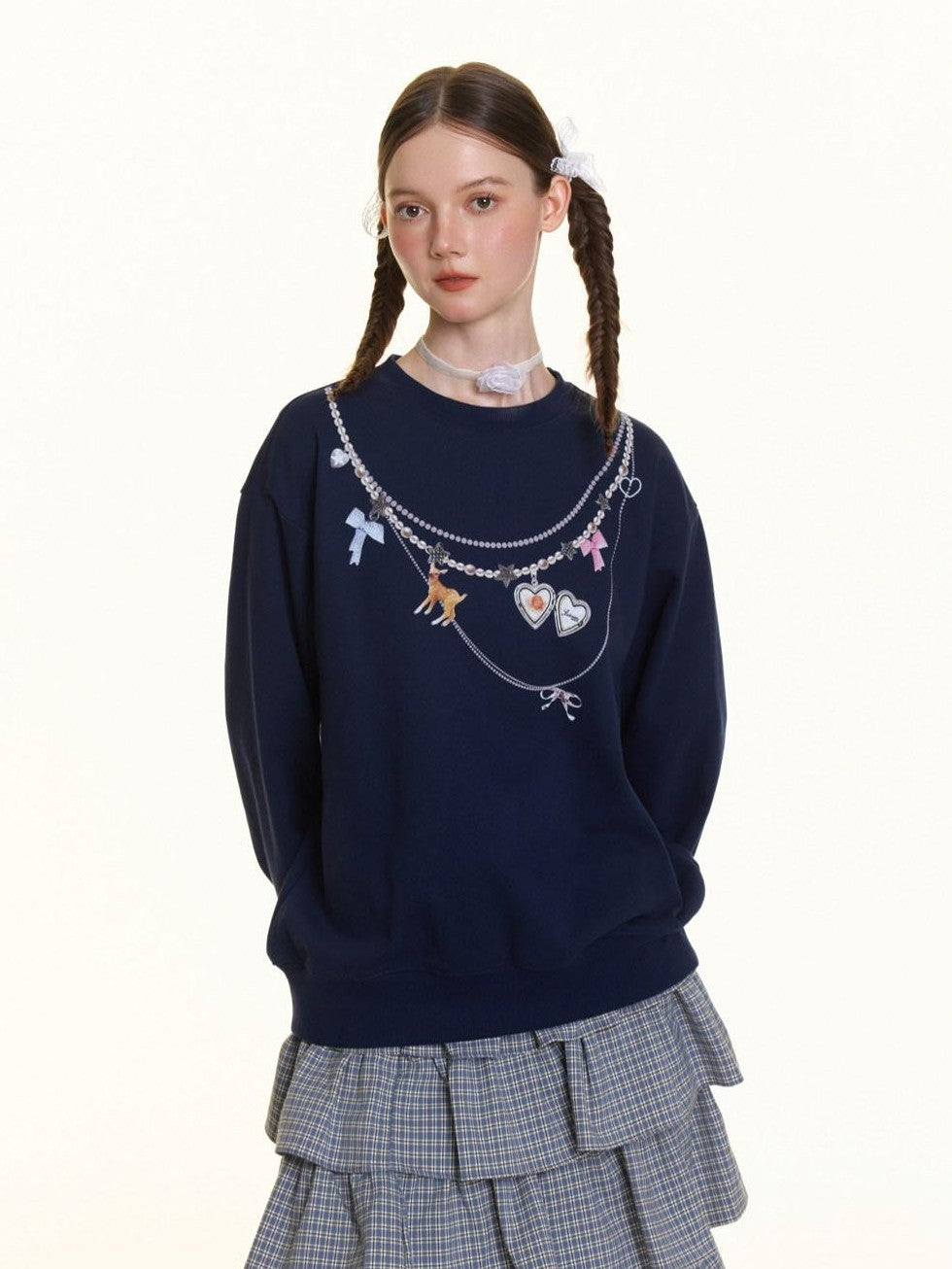 BETWEENAND Navy Pearl Necklace Print Women&