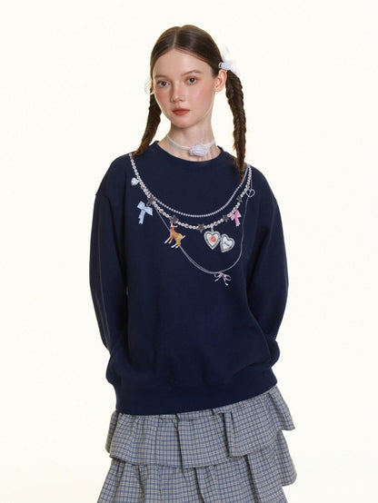 BETWEENAND Navy Pearl Necklace Print Women&
