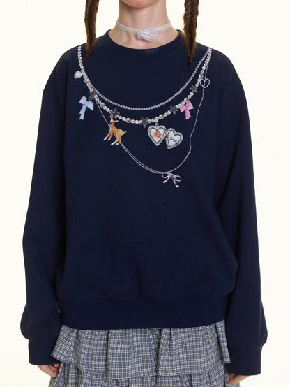 BETWEENAND Navy Pearl Necklace Print Women&