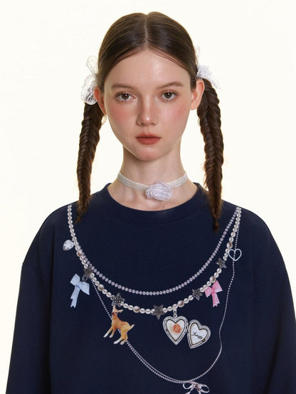 BETWEENAND Navy Pearl Necklace Print Women&