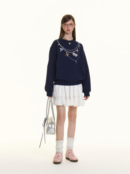 BETWEENAND Navy Pearl Necklace Print Women&