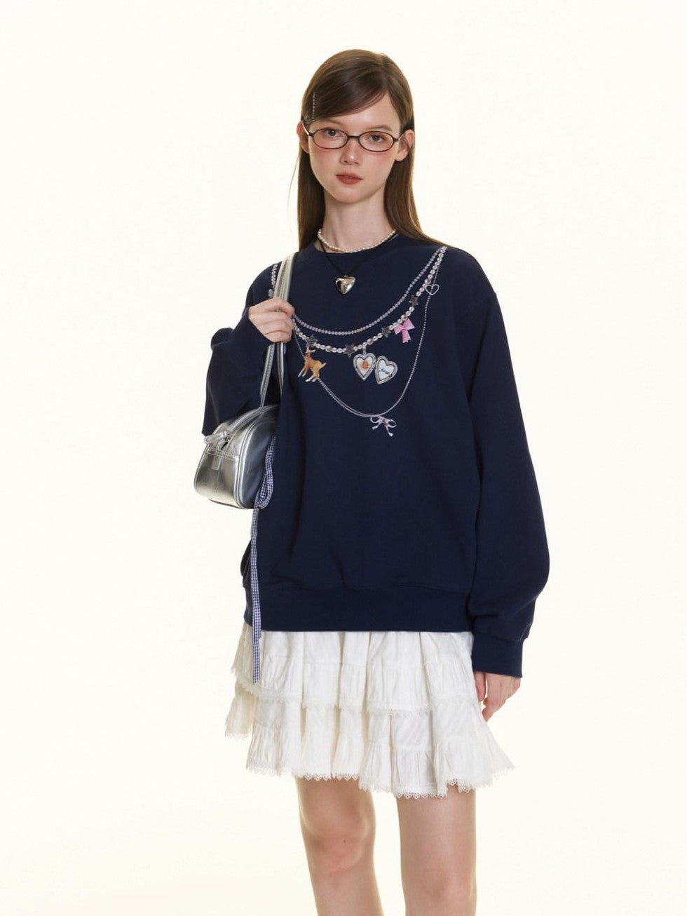 BETWEENAND Navy Pearl Necklace Print Women&