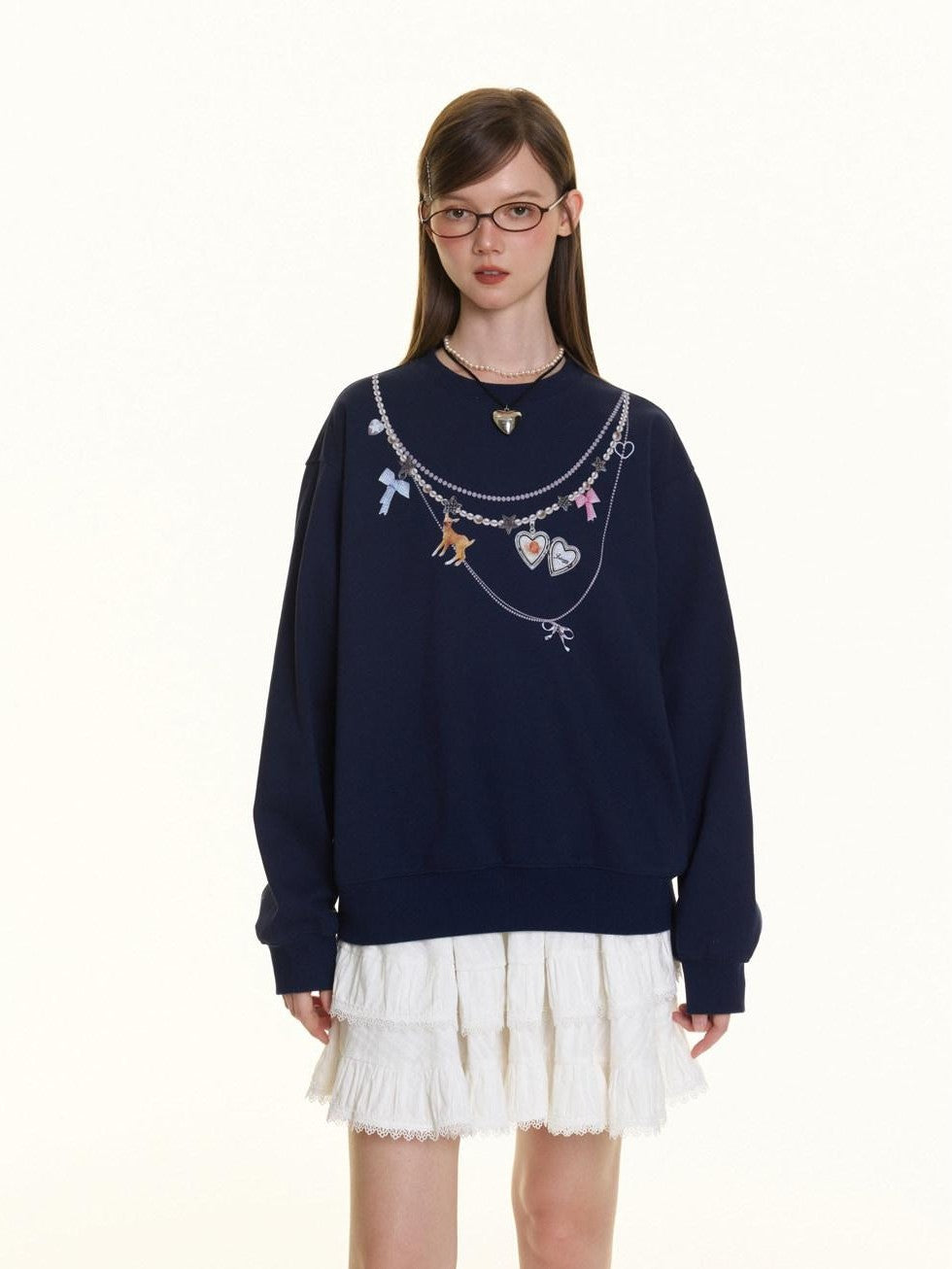 BETWEENAND Navy Pearl Necklace Print Women&