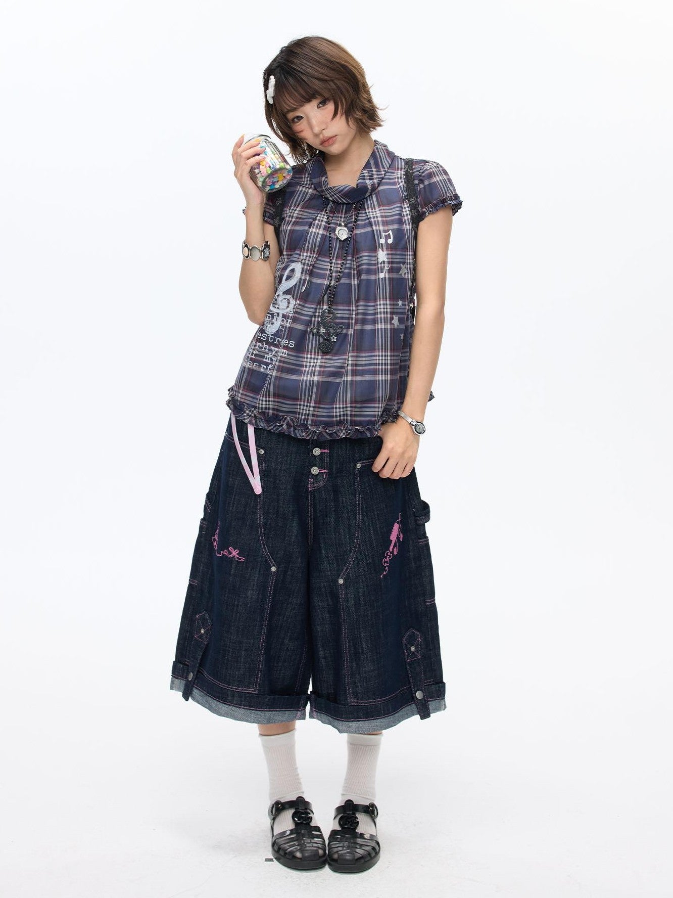 BETWEENAND Navy Plaid Musical Note Lapel Cap Sleeve Women&