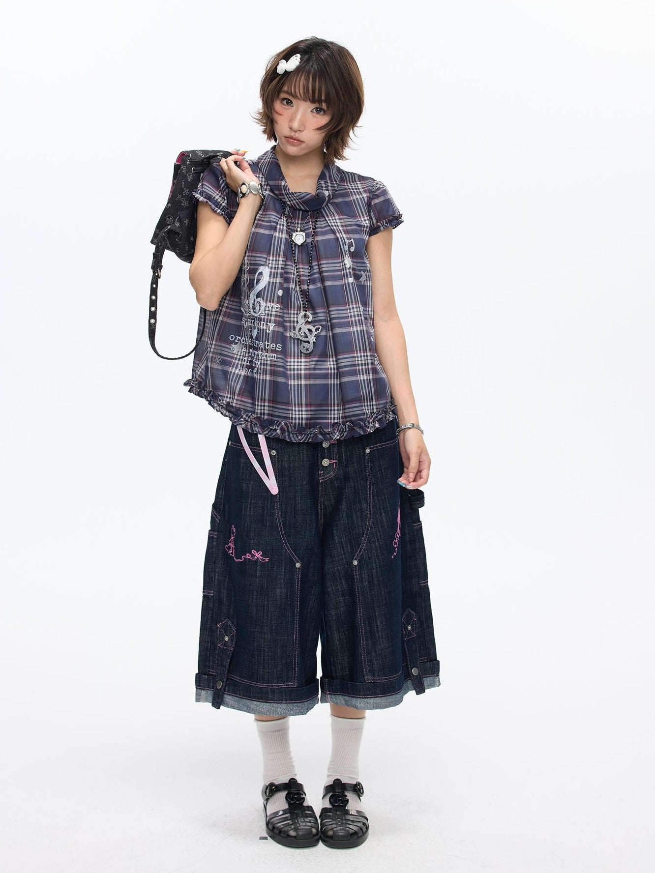 BETWEENAND Navy Plaid Musical Note Lapel Cap Sleeve Women&