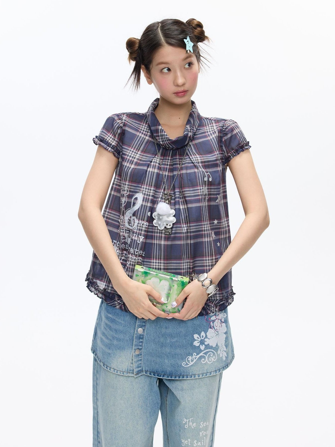 BETWEENAND Navy Plaid Musical Note Lapel Cap Sleeve Women&