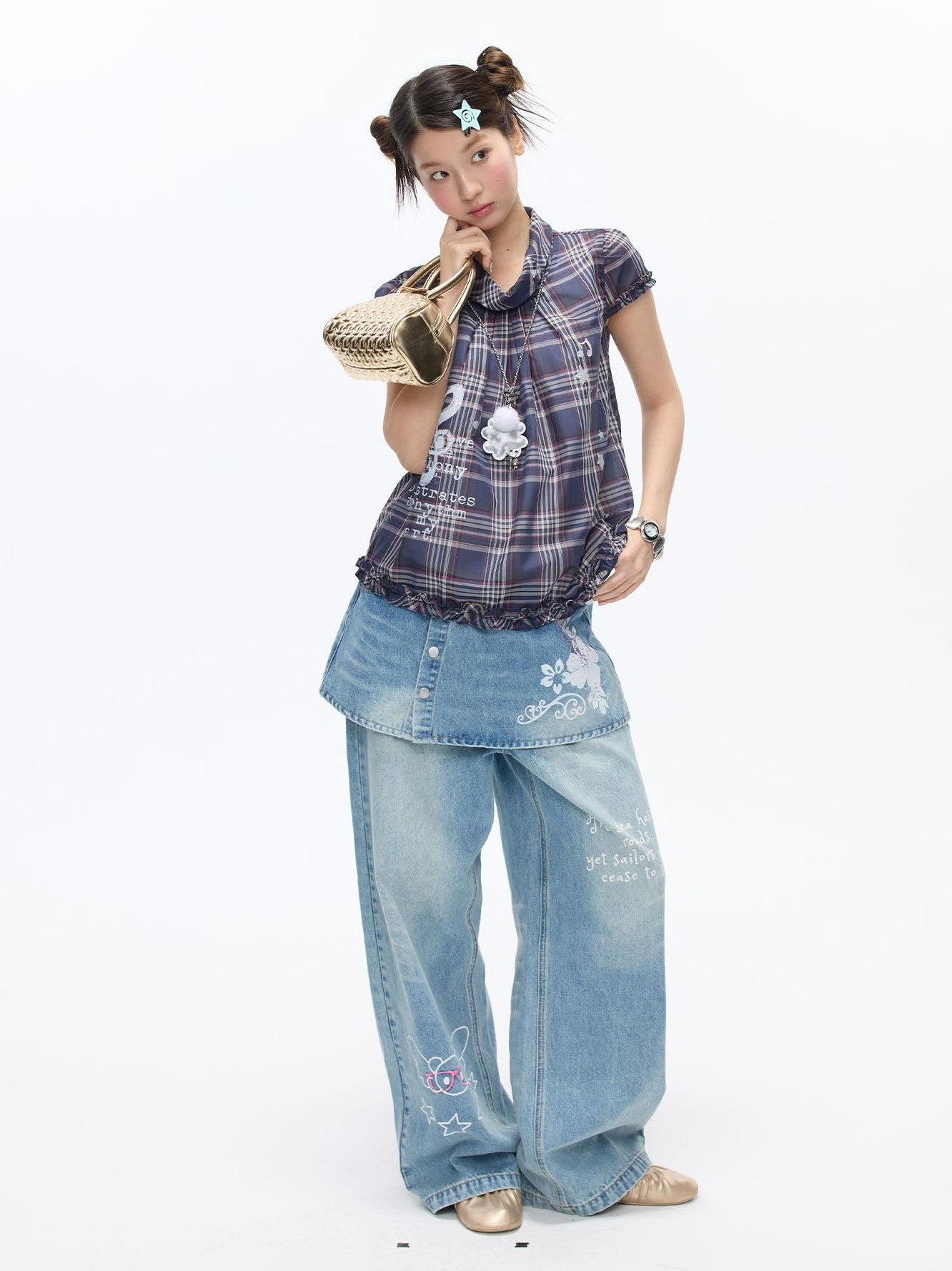 BETWEENAND Navy Plaid Musical Note Lapel Cap Sleeve Women&