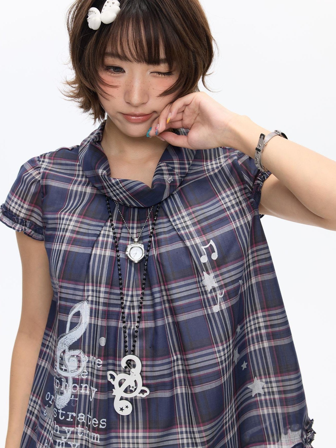 BETWEENAND Navy Plaid Musical Note Lapel Cap Sleeve Women&