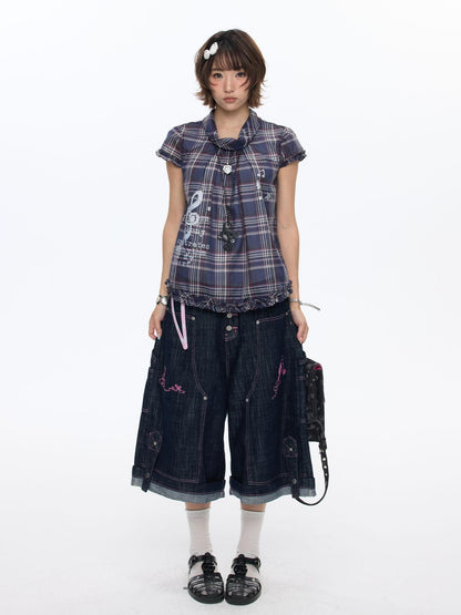 BETWEENAND Navy Plaid Musical Note Lapel Cap Sleeve Women&