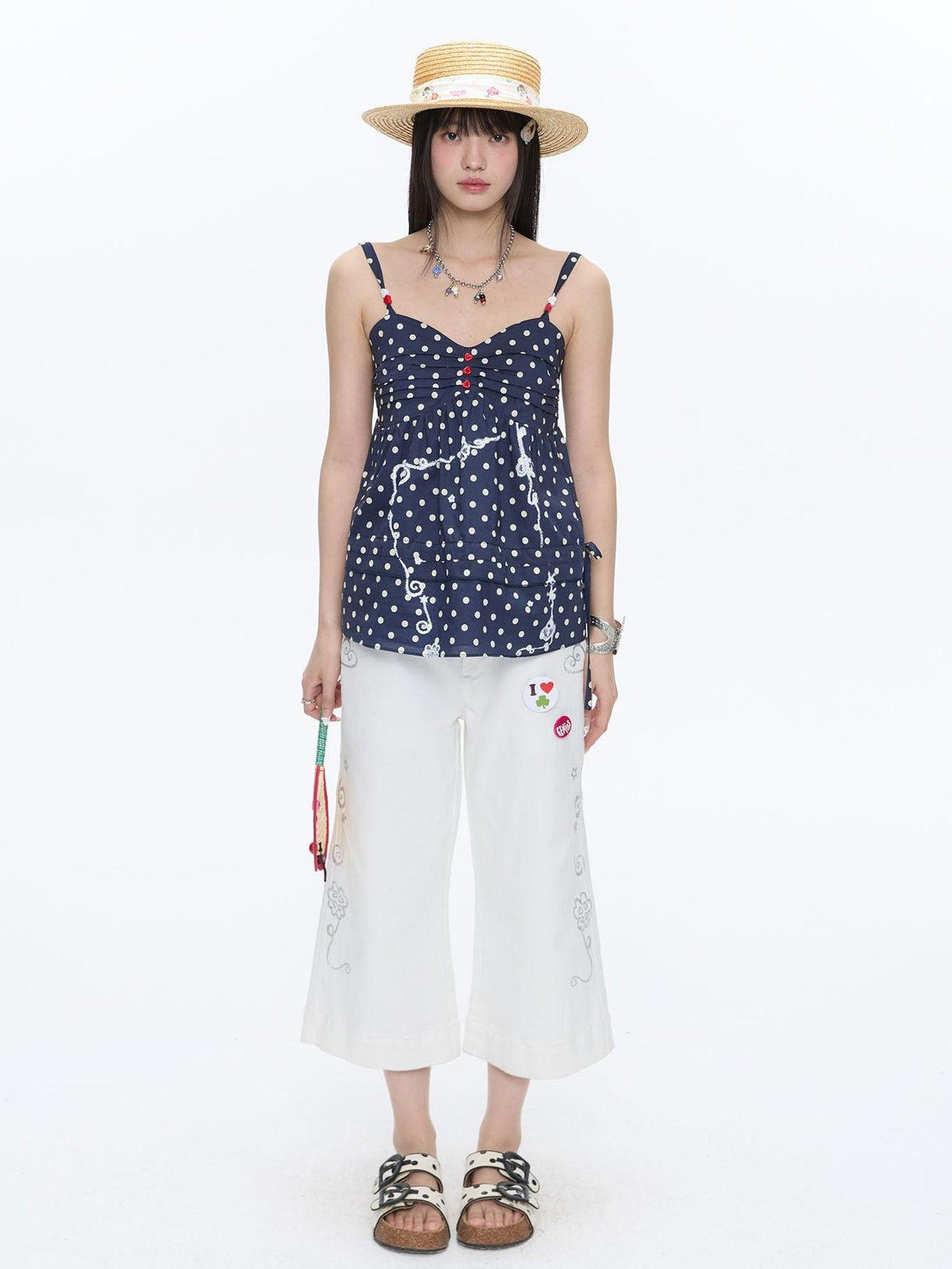 BETWEENAND Navy Polka Dot Heart Beaded Strappy Women&