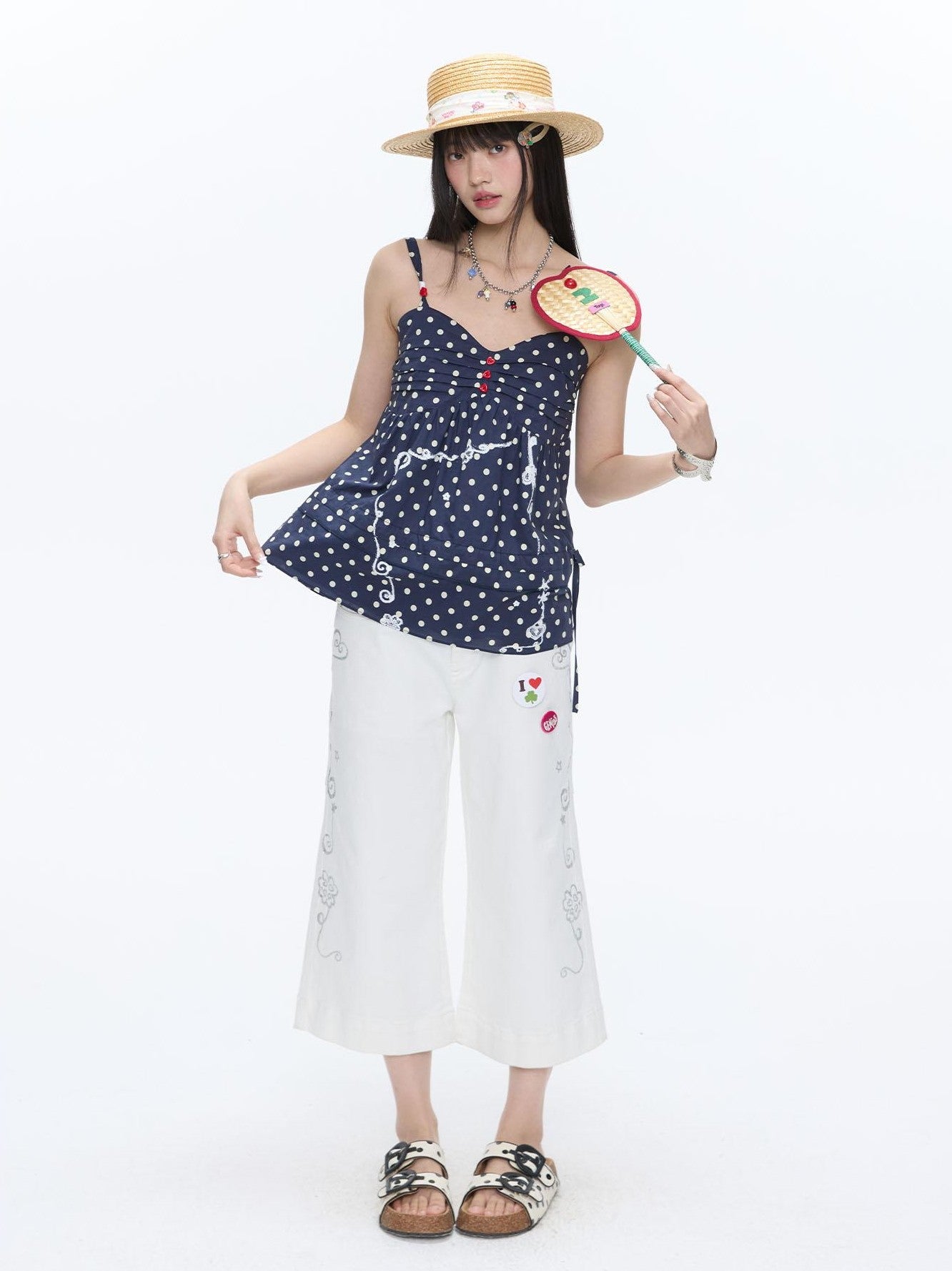 BETWEENAND Navy Polka Dot Heart Beaded Strappy Women&