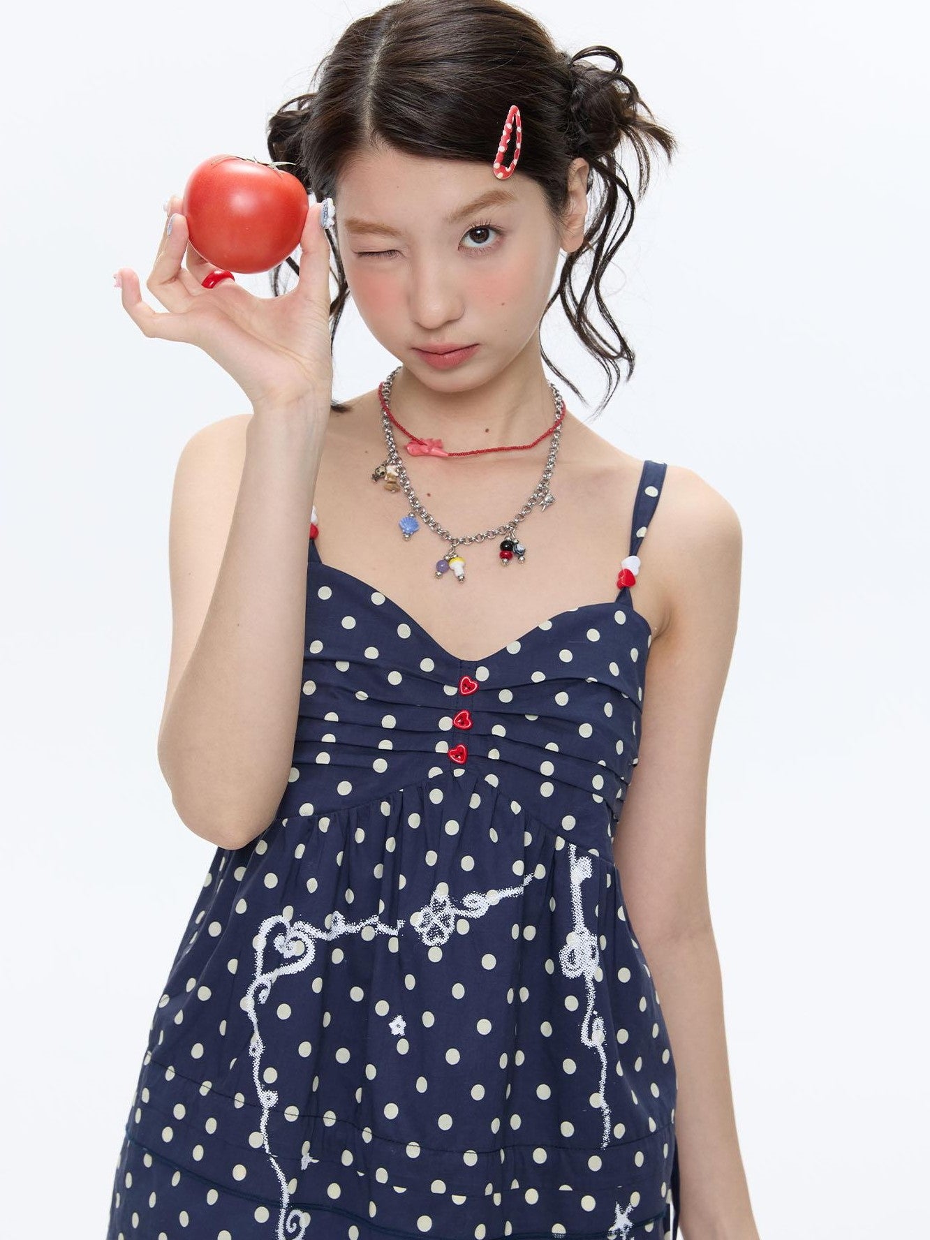 BETWEENAND Navy Polka Dot Heart Beaded Strappy Women&
