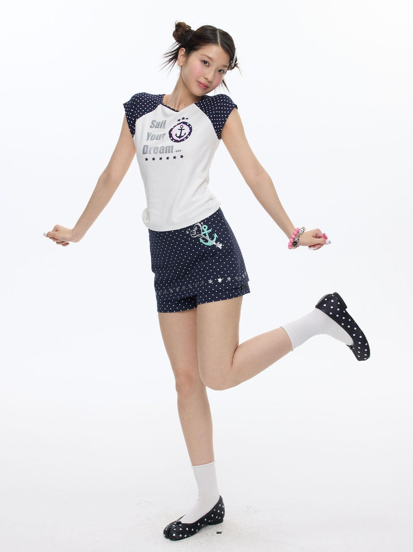 BETWEENAND Navy Polka Dot High Waist Zipper Straight Women&