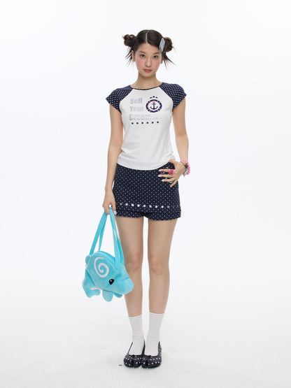 BETWEENAND Navy Polka Dot High Waist Zipper Straight Women&