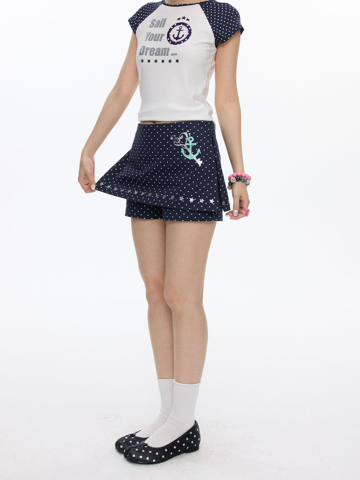BETWEENAND Navy Polka Dot High Waist Zipper Straight Women&