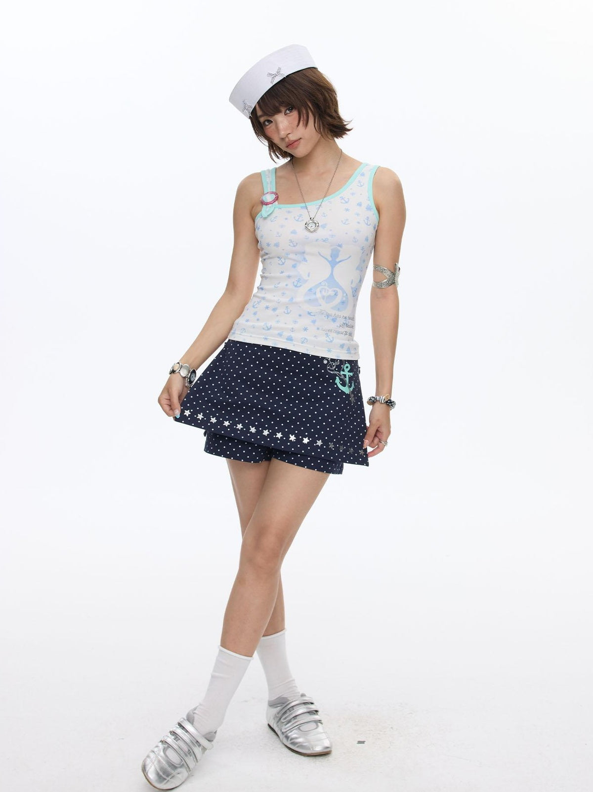BETWEENAND Navy Polka Dot High Waist Zipper Straight Women&