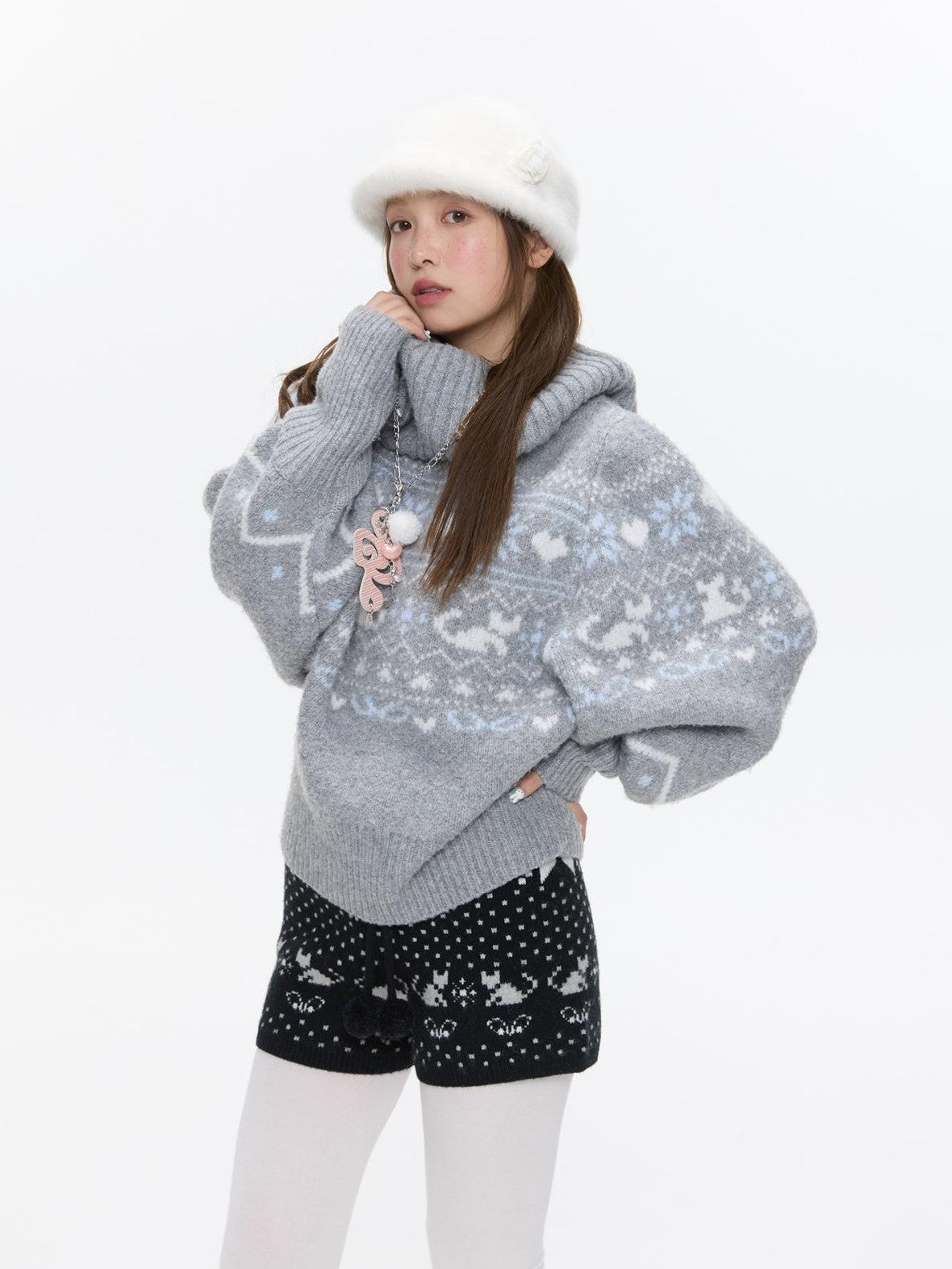 BETWEENAND Nordic Jacquard Turn Down Collar Women&