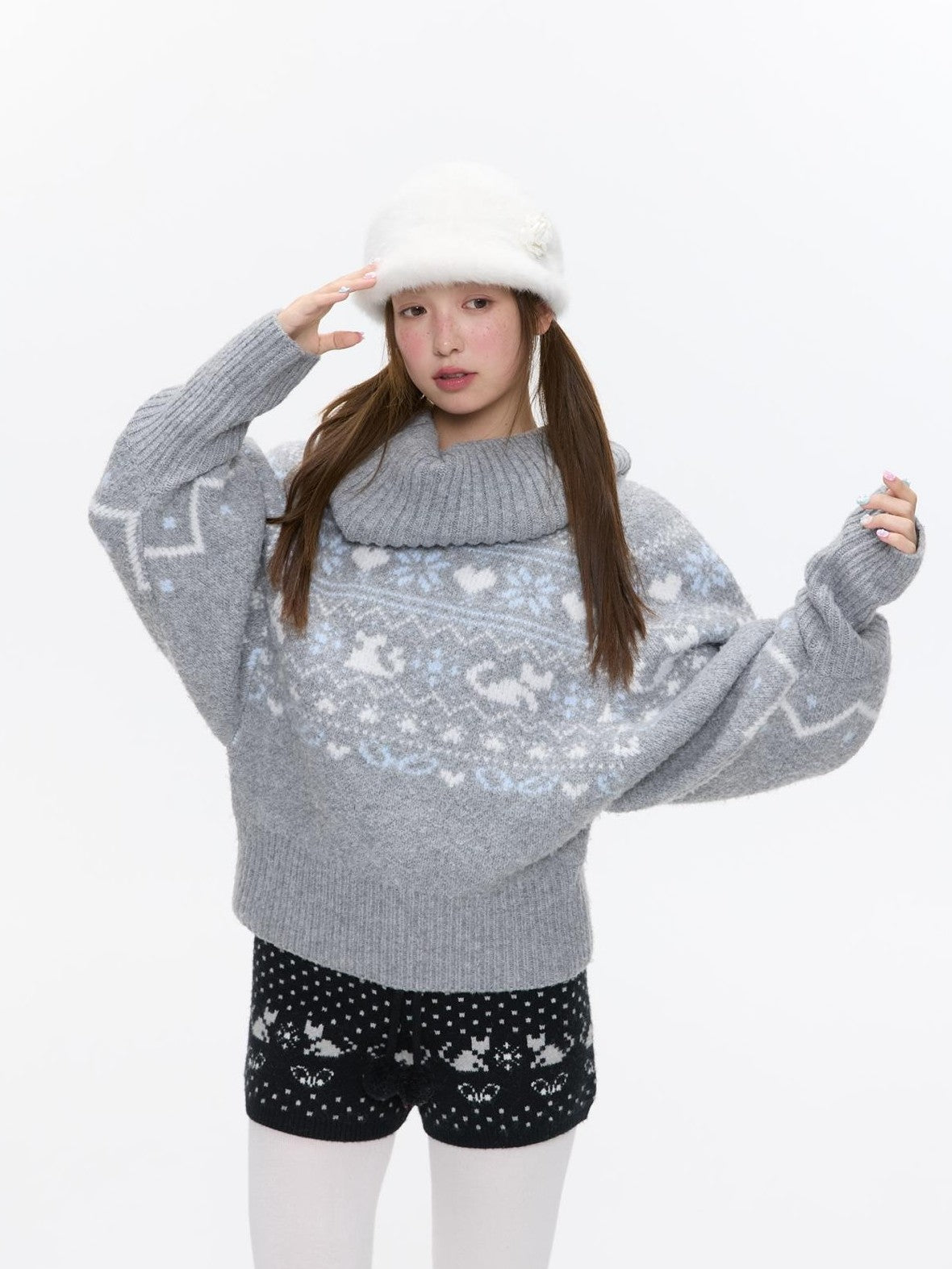 BETWEENAND Nordic Jacquard Turn Down Collar Women&
