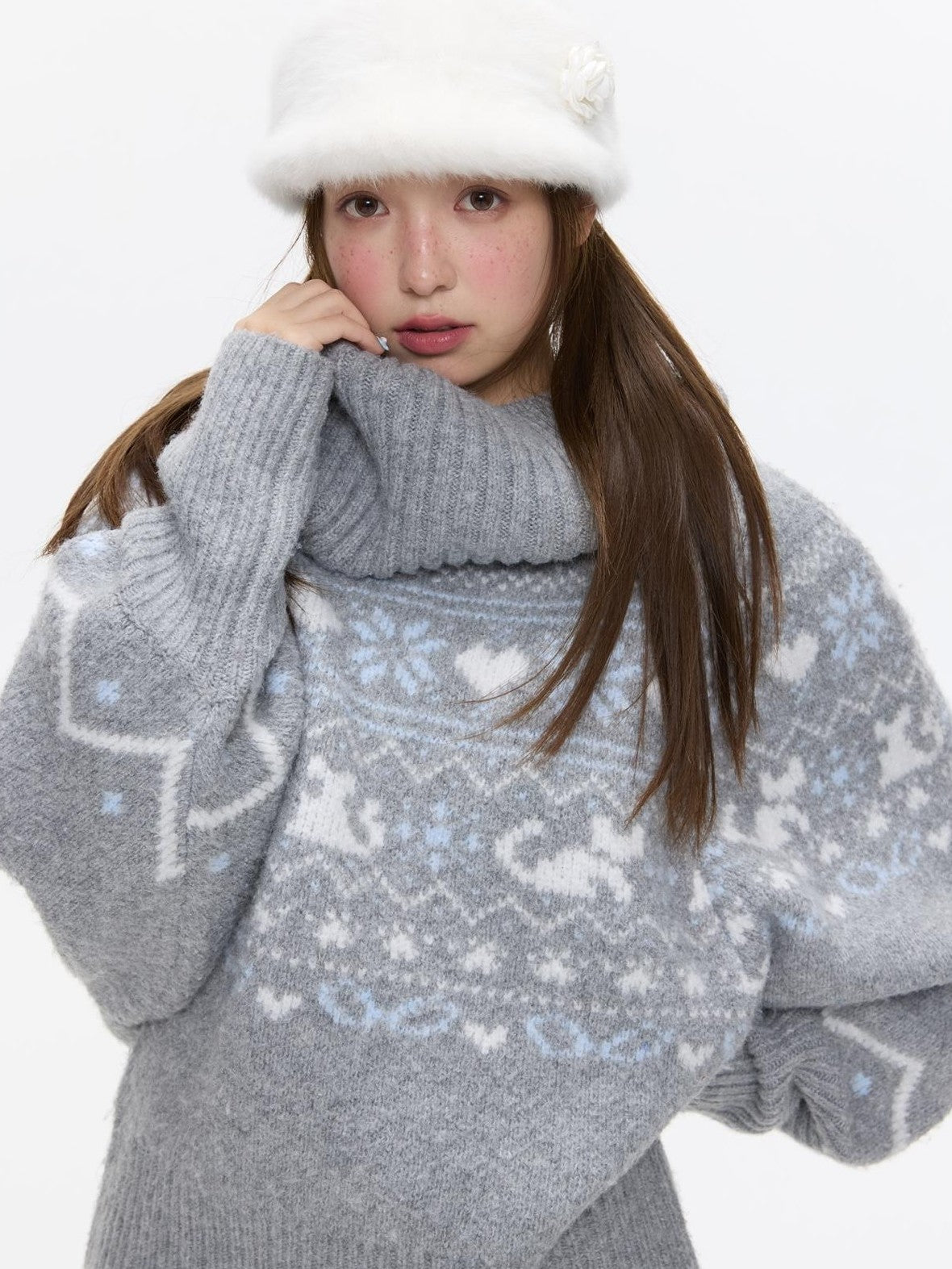 BETWEENAND Nordic Jacquard Turn Down Collar Women&