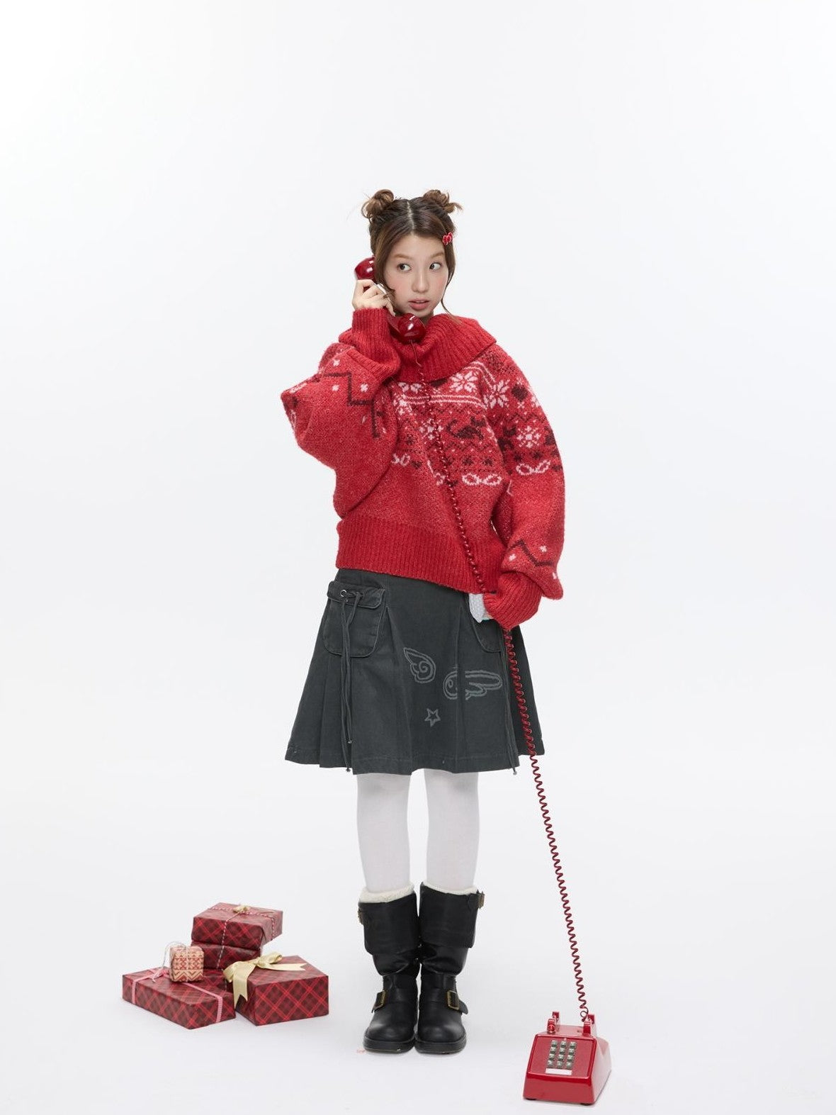 BETWEENAND Nordic Jacquard Turn Down Collar Women&