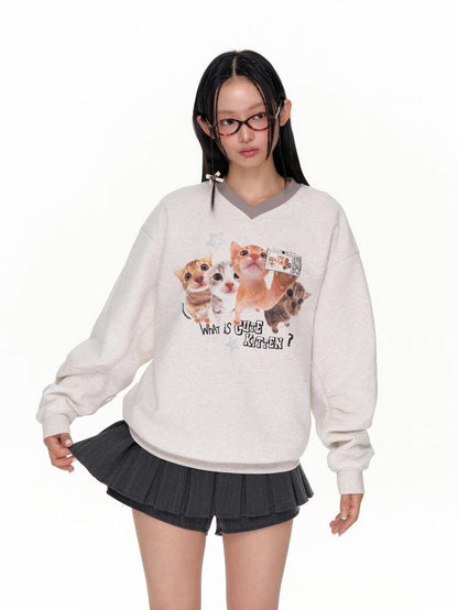 BETWEENAND Oatmeal Gray Kitten Selfie Print V-neck Women&