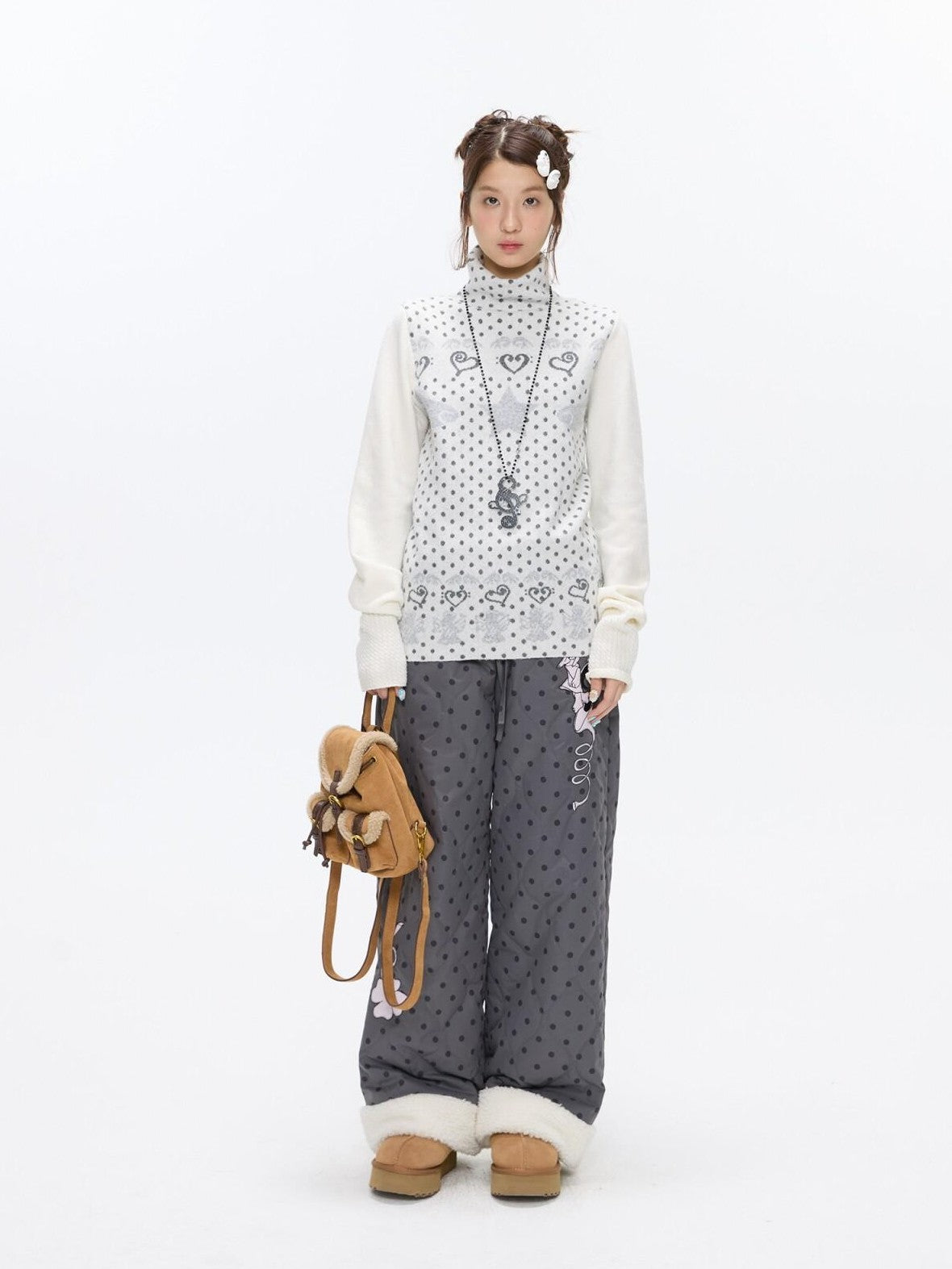BETWEENAND Oatmeal Polka Dot Jacquard Women&