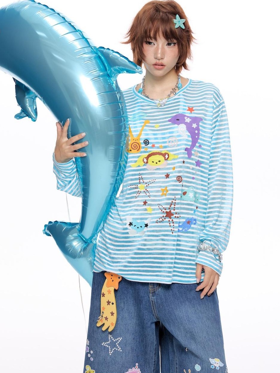 BETWEENAND Ocean Swirl Printed Striped Women&